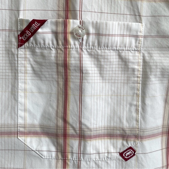 Ecko Unltd Men's White & Red Plaid Short Sleeve Button Up Pocket Shirt - Picture 7 of 11